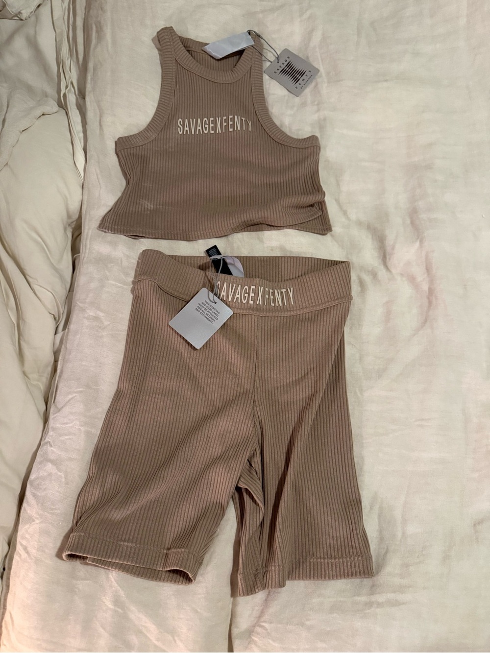 Savage X Fenty Ribbed Taupe Crop Tank & Biker Short Set